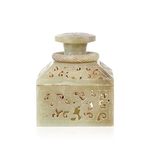Null A partially openwork jade seal, China, decorated with erotic scenes, animal&hellip;