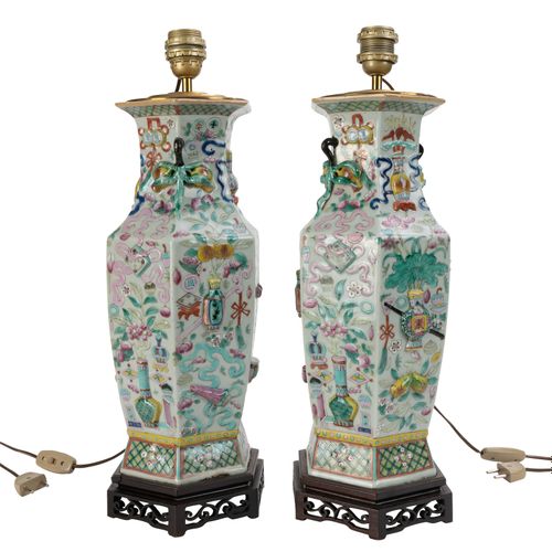 Null 2 famille rose porcelain table lamp vases, China, 19th century, partially d&hellip;