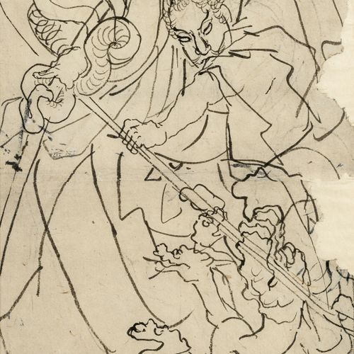 Null Susano contre le dragon/serpent Orochi, peinture à l'encre sur papier de ri&hellip;