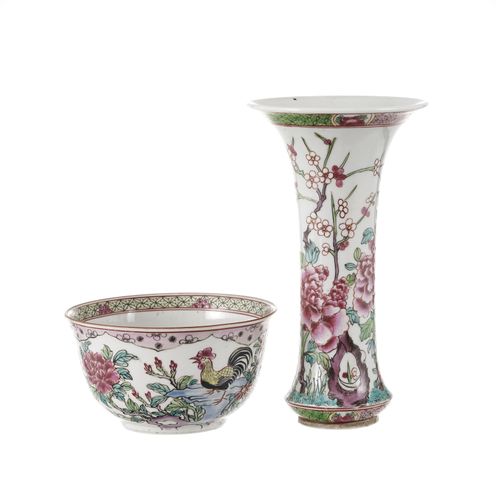 Null Bol et vase cornet en porcelaine famille rose, Chine, dynastie Qing, le bol&hellip;