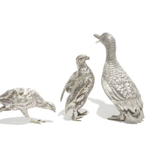 Null Ensemble d'1 canard et 2 poulets en métal argenté et argent 800, Italie, XX&hellip;