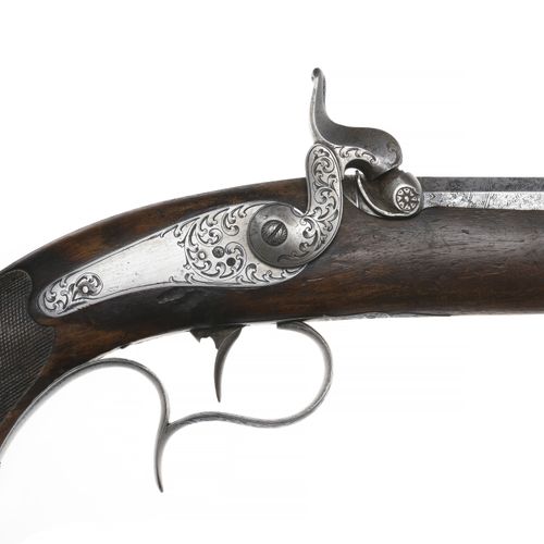 Null Paire de pistolets à percussion, vers 1840, canons à pans damassés en frise&hellip;