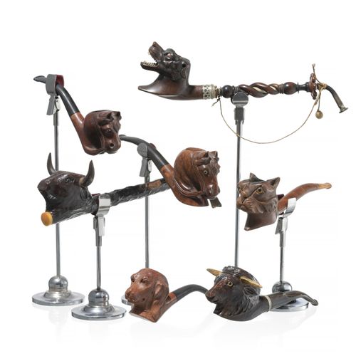 Null Lot de 7 pipes en bruyère sculptée à décor d'animaux, dont 2 taureaux, 2 ch&hellip;