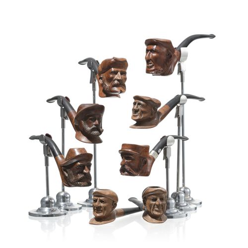 Null Lot de 8 pipes en bruyère sculptée, décorées aux profils de personnages mas&hellip;