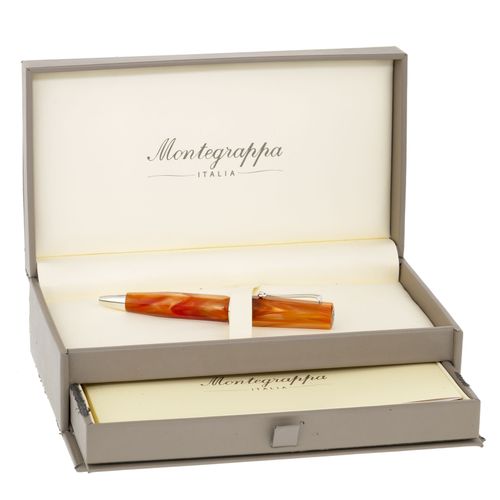 Null Montegrappa, stylo bille argent et résine orange, signé, long. 11.2 cm, boî&hellip;