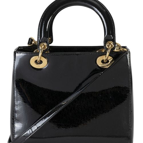 Null Christian Dior, Lady Dior Tasche aus schwarzem Monogram-Lackleder, D.I.O.R.&hellip;