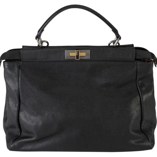 Null Fendi, Peek-a-boo bag in black grained leather, shoulder strap, FF interior&hellip;