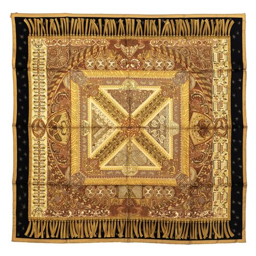 Null Hermès, printed silk twill square: On a flying carpet, gold background, 90x&hellip;
