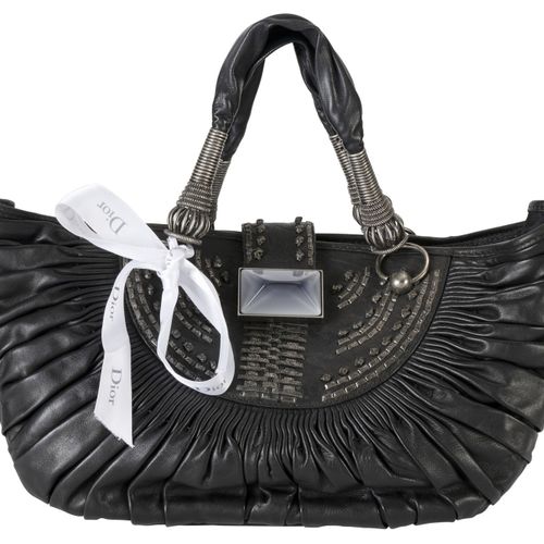 Null Christian Dior, Tote Schultertasche aus schwarzem plissiertem Lammleder, Hü&hellip;