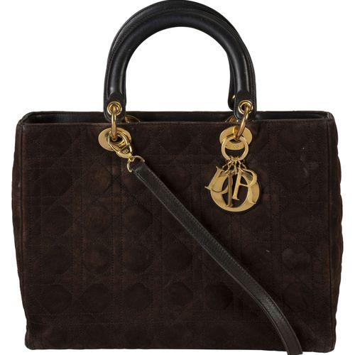 Null Christian Dior, sac Lady Dior en daim marron matelassé cannage, charmes D.I&hellip;