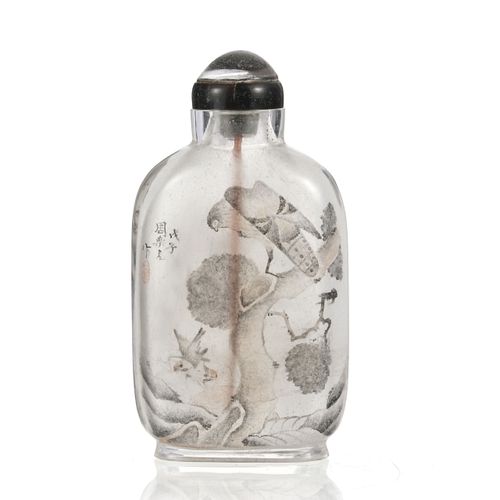 Null Unter Glas bemalte Schnupftabakflasche, China, 20. Jh., Vogel-, Fels- und F&hellip;