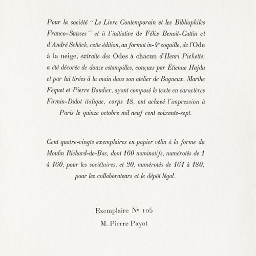 Null Hajdu (Etienne) - Pichette (Henri)。雪的颂歌。巴黎，Le Livre Contemporain &amp, les &hellip;