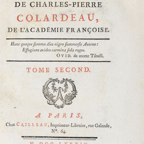 Null COLARDEAU (Charles-Pierre). ?uvres. Paris, LeJai, 1779. 2 Bände in 8°, gebu&hellip;