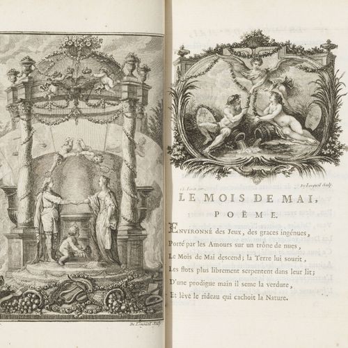 Null DORAT（克劳德）。[?uvres]。1767-1771年。9卷，5卷8册，全樱桃色摩洛哥装订，书脊上有鎏金装饰，三层鎏金边框，边缘有双层鎏金边框，&hellip;