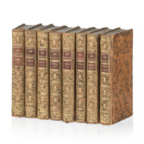 Null MOLIERE.Uvres.巴黎，Le Breton，1770年。8卷18开本，全大理石花纹金色小牛皮，书脊饰以鎏金，边缘有鎏金圆点（该时期的装订）。&hellip;
