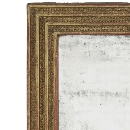 Null Miroir, XIXe s., en bois et stuc doré, frise à décor de lauriers, 140x78 cm&hellip;