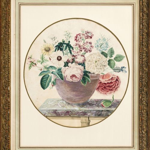Null J. Laederich (XIX), Bouquet de fleurs sur un entablement, aquarelle et goua&hellip;