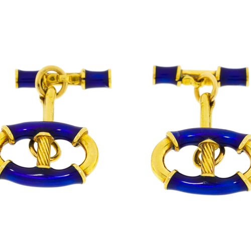 Null Paar Manschettenknöpfe aus 750er Gold und blauem Emaille
