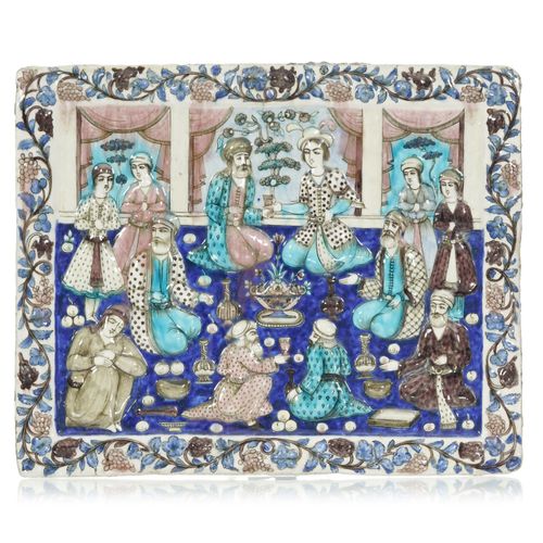 Null 描绘宫殿露台上的招待会的瓷片，伊朗，19世纪下半叶，41.5x51厘米
