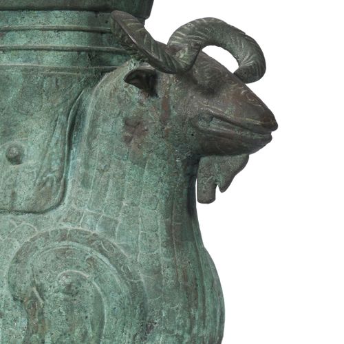 Null Bronze archaic double ram zun vessel, China, 20th c., mounted as a lamp