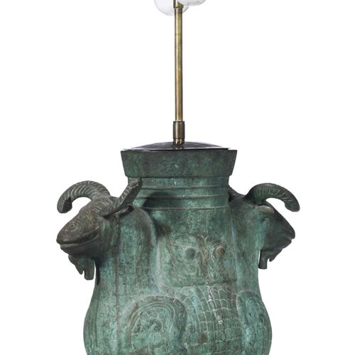 Null Bronze archaic double ram zun vessel, China, 20th c., mounted as a lamp