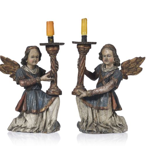 Null A pair of angels in the shape of a torchbearer in polychrome wood, probably&hellip;