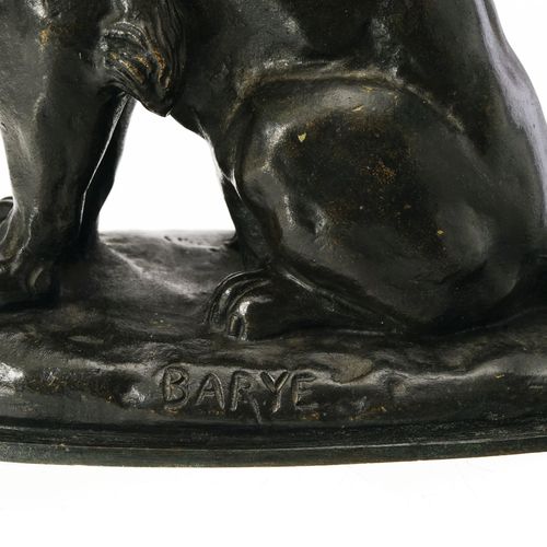 Null 安托万-路易斯-巴里（1796-1875），后，坐着的狮子，青铜，有棕黑色的铜锈，在露台上签名，h.19厘米