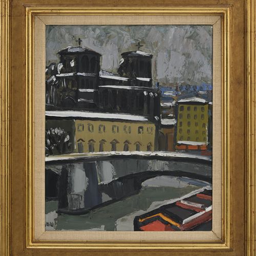 Null 让-库蒂（1907-1991），雪中的里昂，圣-让大教堂，布面油画，签名，61x50厘米