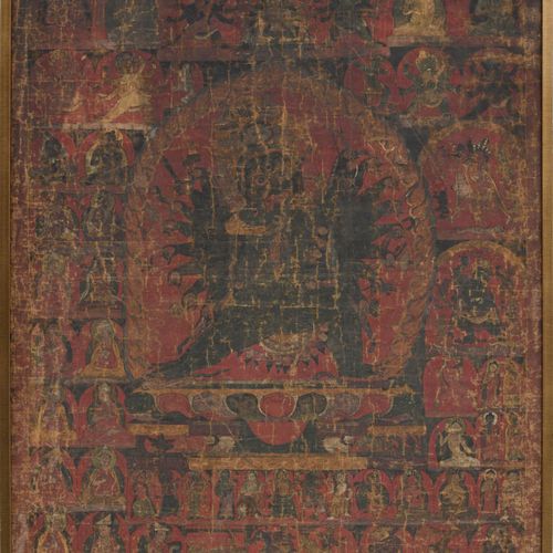 Null 描绘亚布力神的唐卡，尼泊尔，可能是17-18世纪，可能表现的是瓦西-昂巴和一个妃子，有多只手臂，每只手臂都拿着一个属性，这两个神灵被众多其他神灵包围着&hellip;