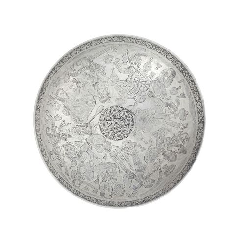 Null 小银碗，伊斯法罕，19世纪，装饰有宴会和花朵（dibar-o gol），直径8.7厘米，43克