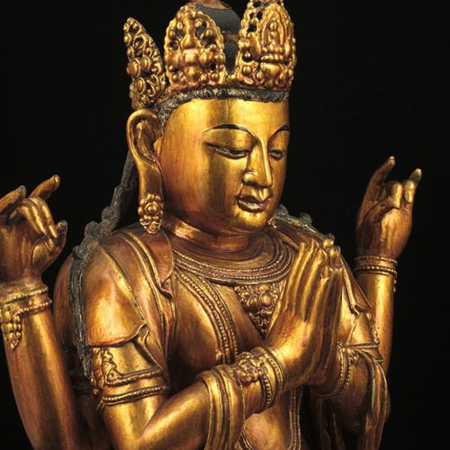 Null Avalokiteshvara Sadaksari a quattro braccia, scultura in legno laccato e do&hellip;