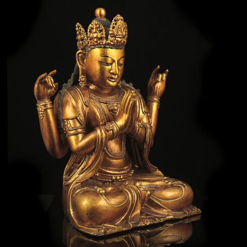 Null Avalokiteshvara Sadaksari con cuatro brazos, escultura de madera lacada y d&hellip;