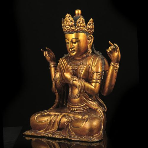 Null Avalokiteshvara Sadaksari mit vier Armen, lackierte und vergoldete Holzskul&hellip;