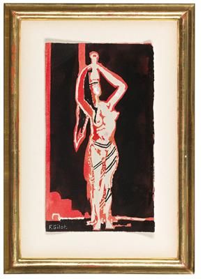 Françoise Gilot * (1921年生于塞纳河畔诺伊伊)
拿着花瓶的女人，约1960年，签名为F.Gilot，水粉和墨水在纸上，25 x 14厘米，&hellip;