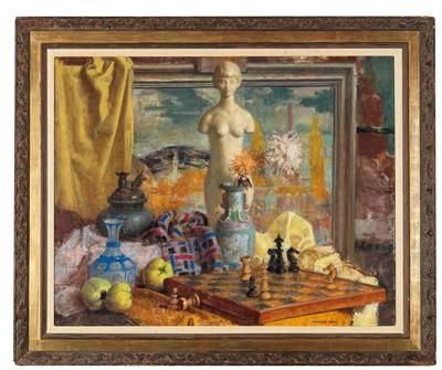 Béla Kontuly * (Miskolc 1904-1983 Budapest)
静物与象棋游戏，署名Béla Kontuly，布面油画，79 x 99.&hellip;