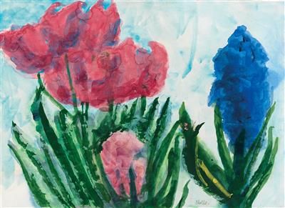 Emil Nolde * (Nolde, Schleswig 1867-1956 Seebüll) 
Rote Blumen und eine blaue Hy&hellip;