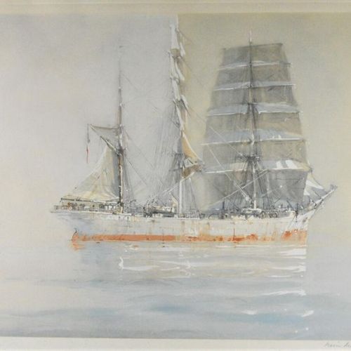 Null MARIN-MARIE (1901-1987), "Trois-mâts barque par calme plat, vue de travers"&hellip;