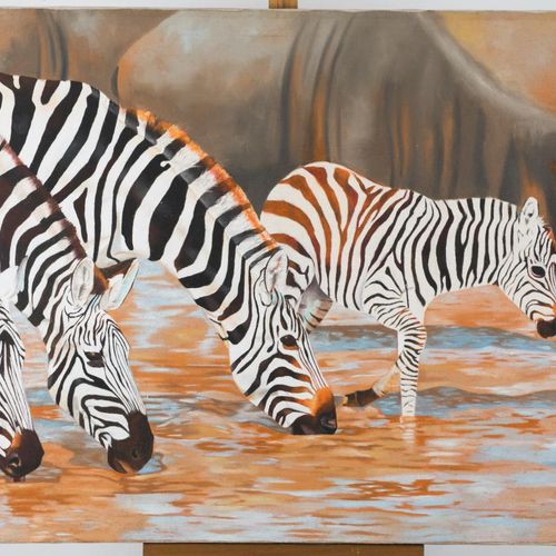 ARIM Andrew (né en 1981, Ouganda), "Zebras", acrylique sur toile, 90 x 120cm. 
O&hellip;