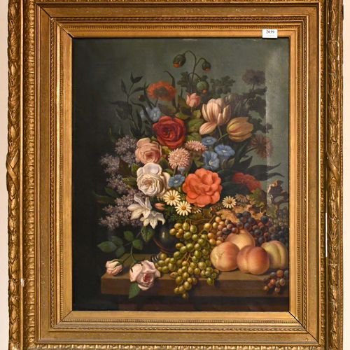 Pierre Vervou 
Fine oil on canvas : "Still life with flowers and fruits". Signed&hellip;