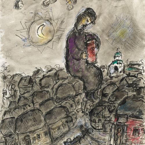 Marc Chagall (1887-1985) λƒ拉比在维捷布斯克的屋顶上诵读经文
有 "MArc chAgAll "签名章（左下）。
水粉，印度墨水，印度&hellip;