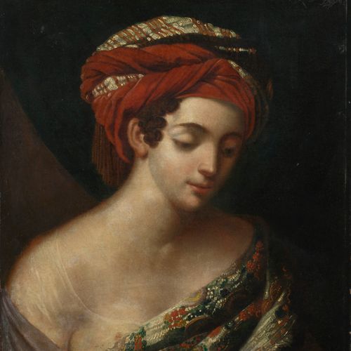 Französischer Maler (活动于19世纪第1/4期)红色头巾的年轻女子肖像画 精致的帝国画像，一个年轻的沉思的女子半身像，身着精致的雪纺长袍，左&hellip;