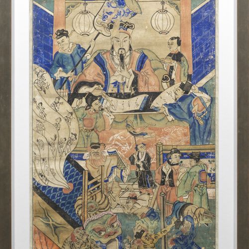 Paar chinesische Malereien 对应的人。纸上水彩和墨水。上面中央描绘的是在建筑背景前登基的皇帝，在宫廷仪式中被仆人和官员包围。下面是对道&hellip;