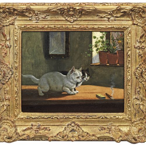 Gustav Michell (1838年，活跃在德国)
两只猫与一支雪茄
Michell特有的绘画风格和类型，两只猫害怕地靠近桌子上冒烟的雪茄，被放在注意力的&hellip;