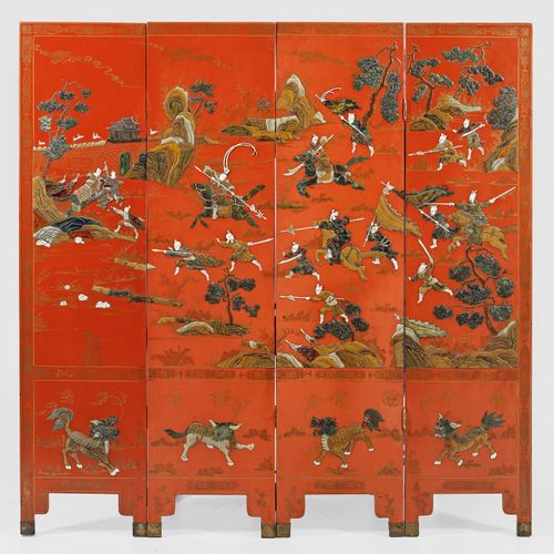 Chinesischer Lackparavent 4 piezas; fondo de laca roja con pintura dorada y apli&hellip;