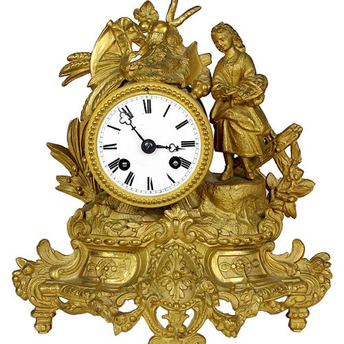 Null 带农妇的鎏金Régule台钟，Lenzkirch大约在1870年，黑森林时钟生产，机芯标有Lenzkirch，树枝上有松果，A. G. U.，型号为4&hellip;