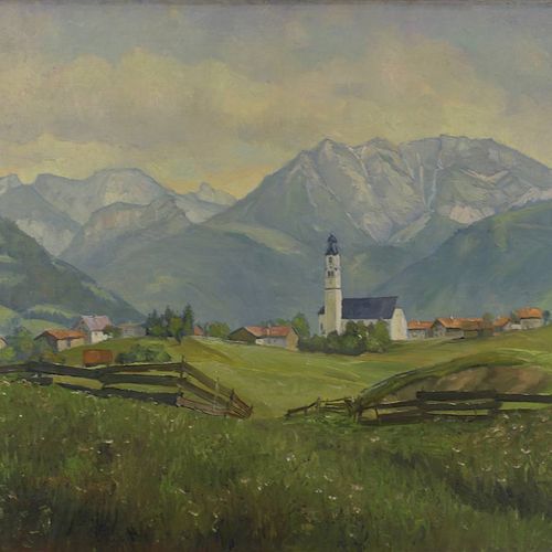 Null Max Haff, peintre de montagne allemand vers 1940, église de village devant &hellip;