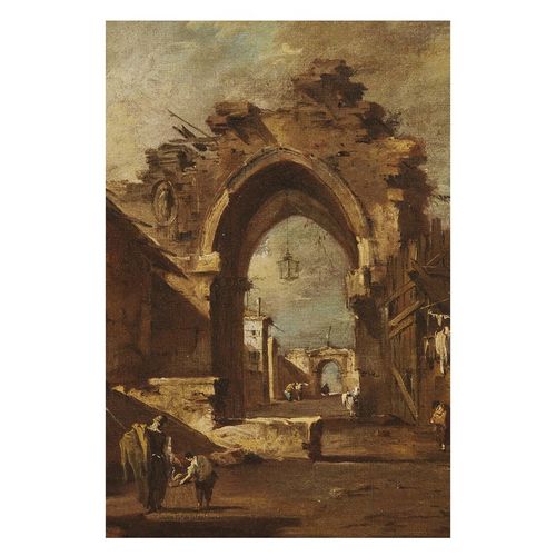 Null Francesco Guardi 
(Venise, 1712 - 1793)
CAPRICCIO AVEC UNE ARCHIVE RUINÉE E&hellip;