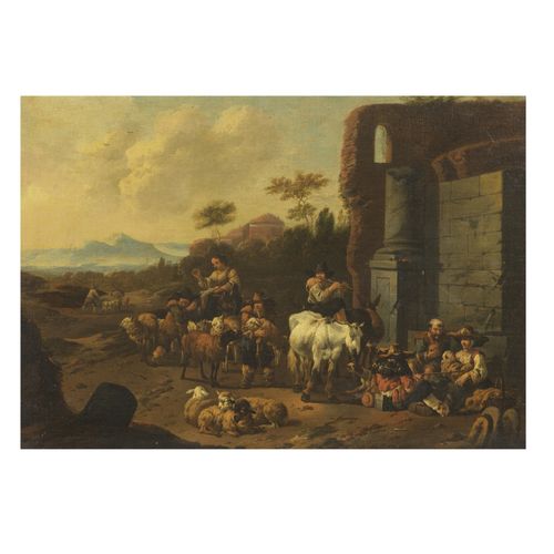 Null Pintor Bambocciante, siglo XVIII
PASTORES Y OVEJAS 
óleo sobre tela, cm 42x&hellip;