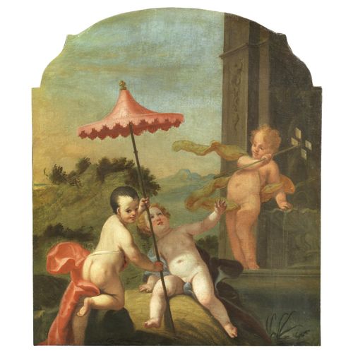 Null Venetian school, 18th century
PLAYING PUTTI 
oil on shaped canvas, cm 138x1&hellip;