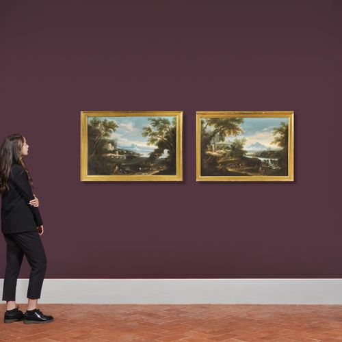 Null Bartolomeo Pedon
(1665-1732)
河流景观与城镇和塔
河流景观与人物、桥梁和牲畜
布面油画，cm 45.7x68.5 一对
(&hellip;